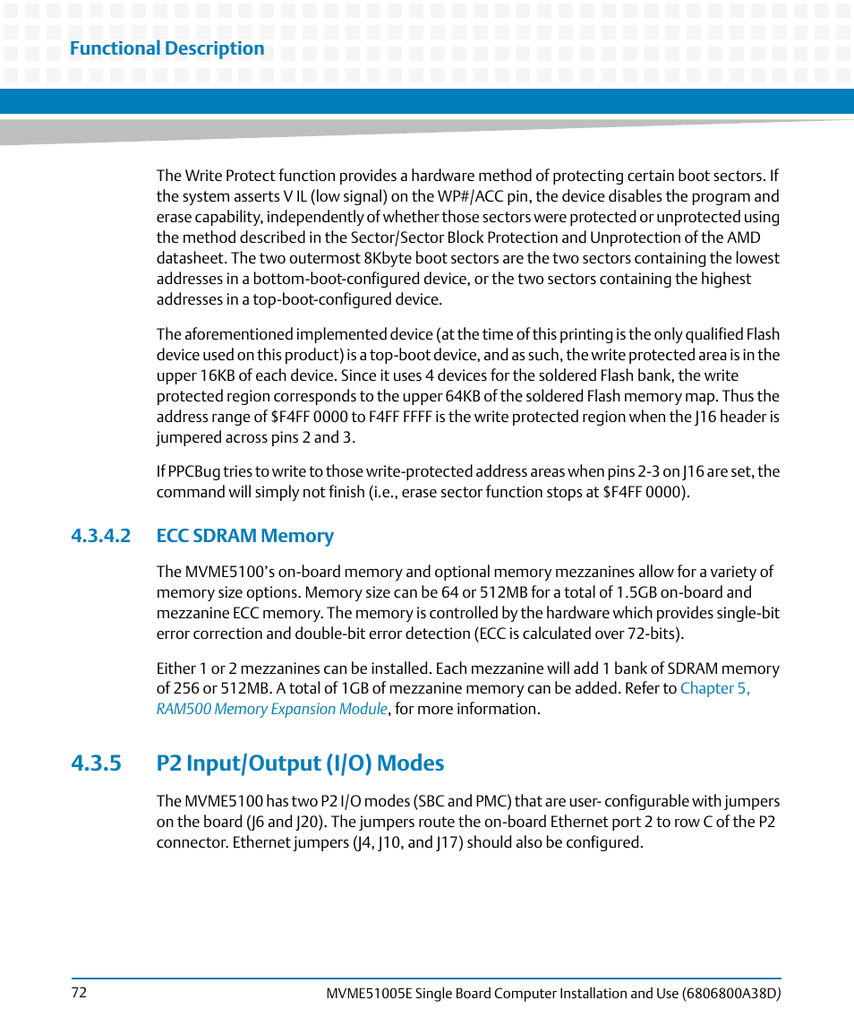 2 ecc sdram memory, 5 p2 input/output (i/o) modes | Artesyn MVME51005E SBC Installation and Use (July 2014) User Manual | Page 70 / 150