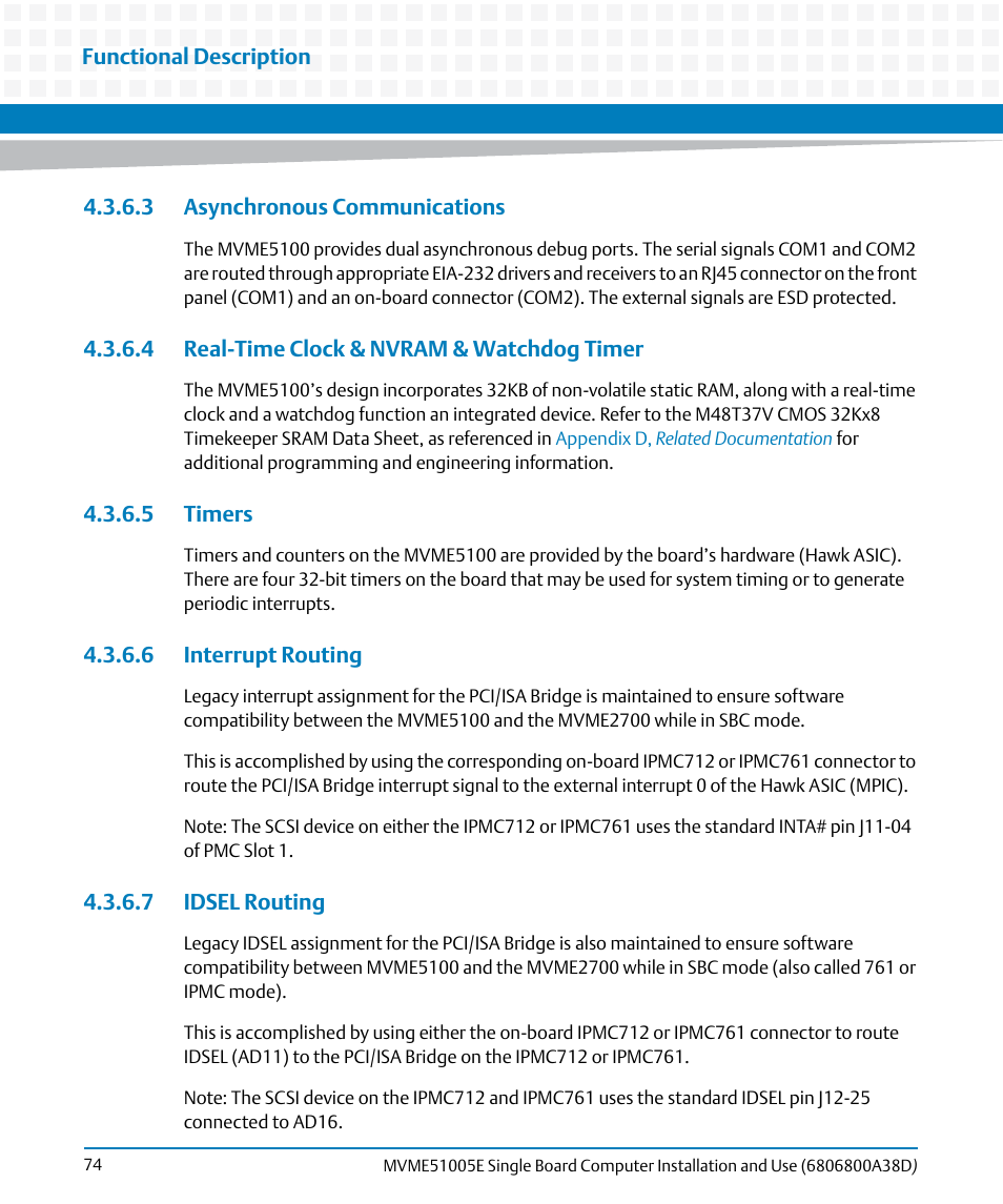 3 asynchronous communications, 4 real-time clock & nvram & watchdog timer, 5 timers | 6 interrupt routing, 7 idsel routing | Artesyn MVME51005E SBC Installation and Use (July 2014) User Manual | Page 72 / 150