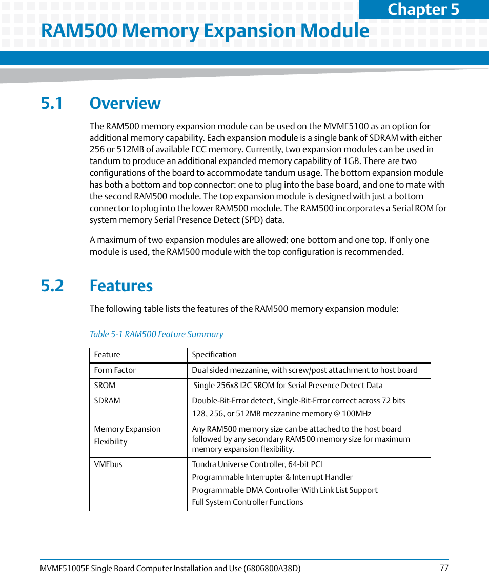 Ram500 memory expansion module, 1 overview, 2 features | 1 overview 5.2 features, Table 5-1, Ram500 feature summary, Chapter 5, ram500 memory expansion module, Chapter, 5, ram500 memory expansion module, Chapter 5 | Artesyn MVME51005E SBC Installation and Use (July 2014) User Manual | Page 75 / 150