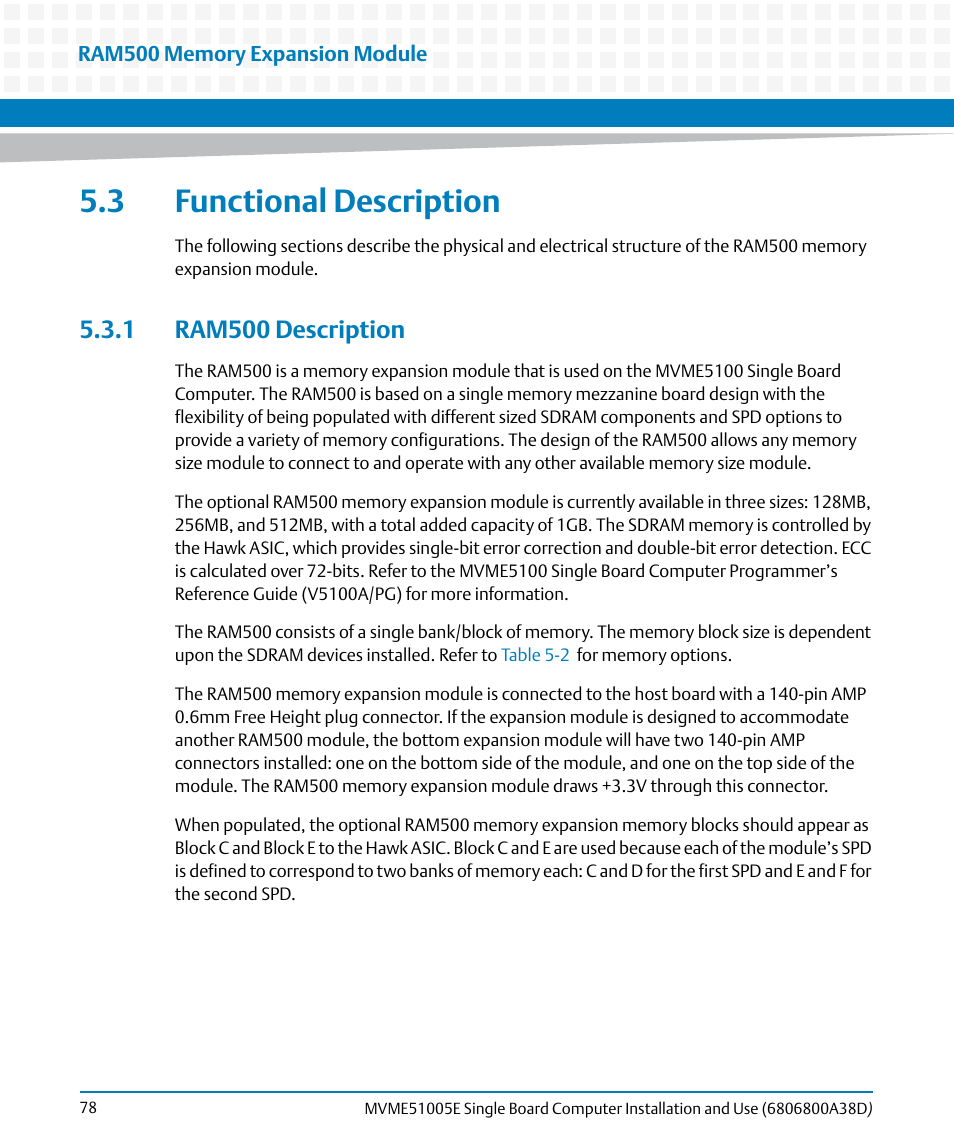 3 functional description, 1 ram500 description | Artesyn MVME51005E SBC Installation and Use (July 2014) User Manual | Page 76 / 150