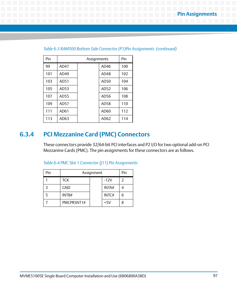 4 pci mezzanine card (pmc) connectors, Table 6-4, Pmc slot 1 connector (j11) pin assignments | Pin assignments | Artesyn MVME51005E SBC Installation and Use (July 2014) User Manual | Page 95 / 150