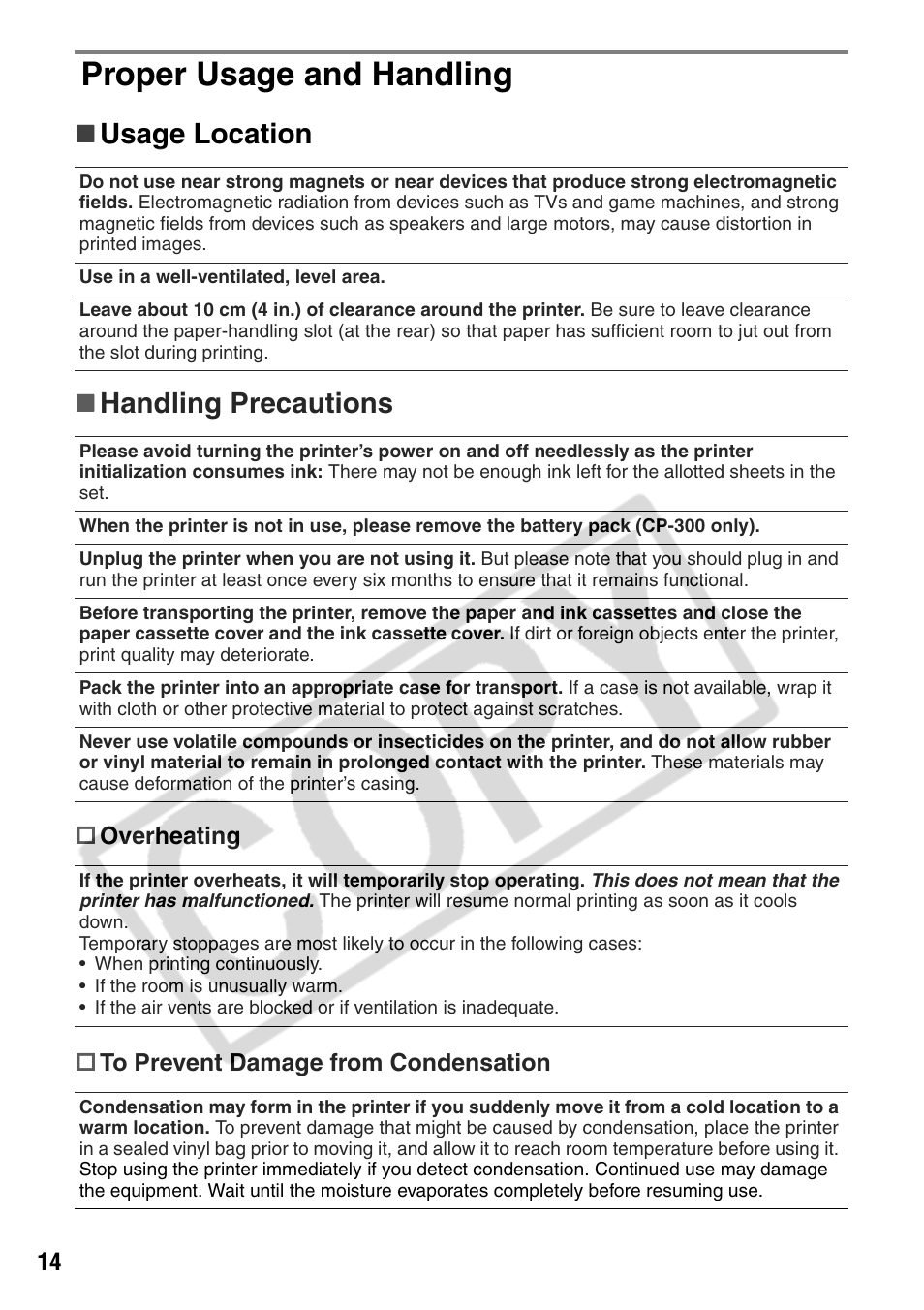 Proper usage and handling, Usage location     handling precautions | Canon CP200 User Manual | Page 15 / 53