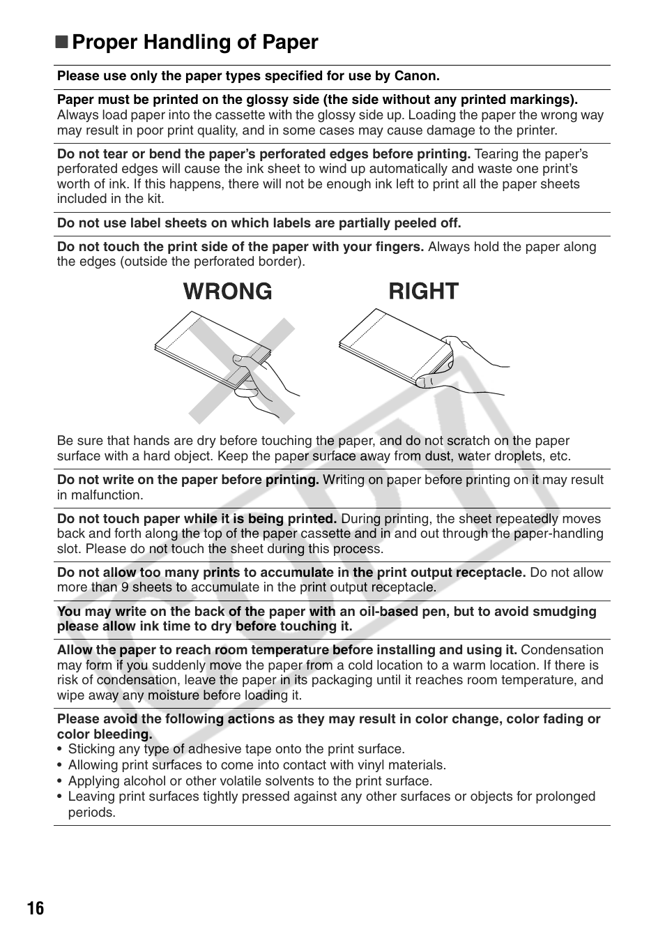 Proper handling of paper | Canon CP200 User Manual | Page 17 / 53