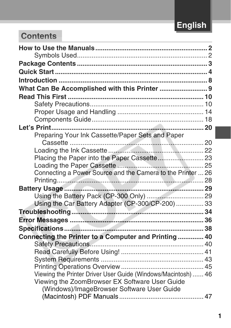 Contents english | Canon CP200 User Manual | Page 2 / 53