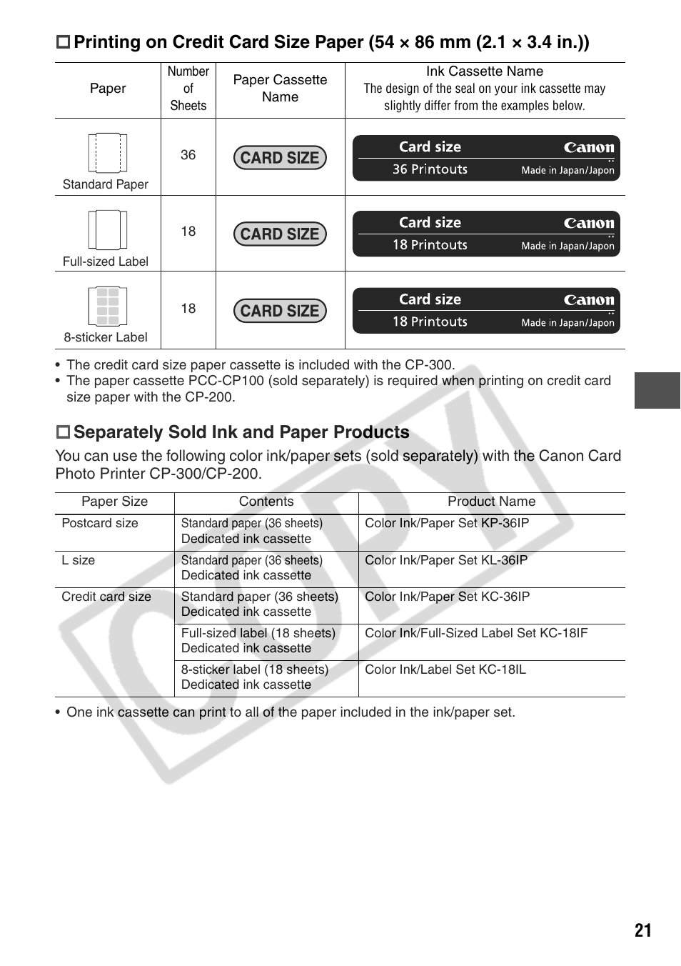 Separately sold ink and paper products | Canon CP200 User Manual | Page 22 / 53