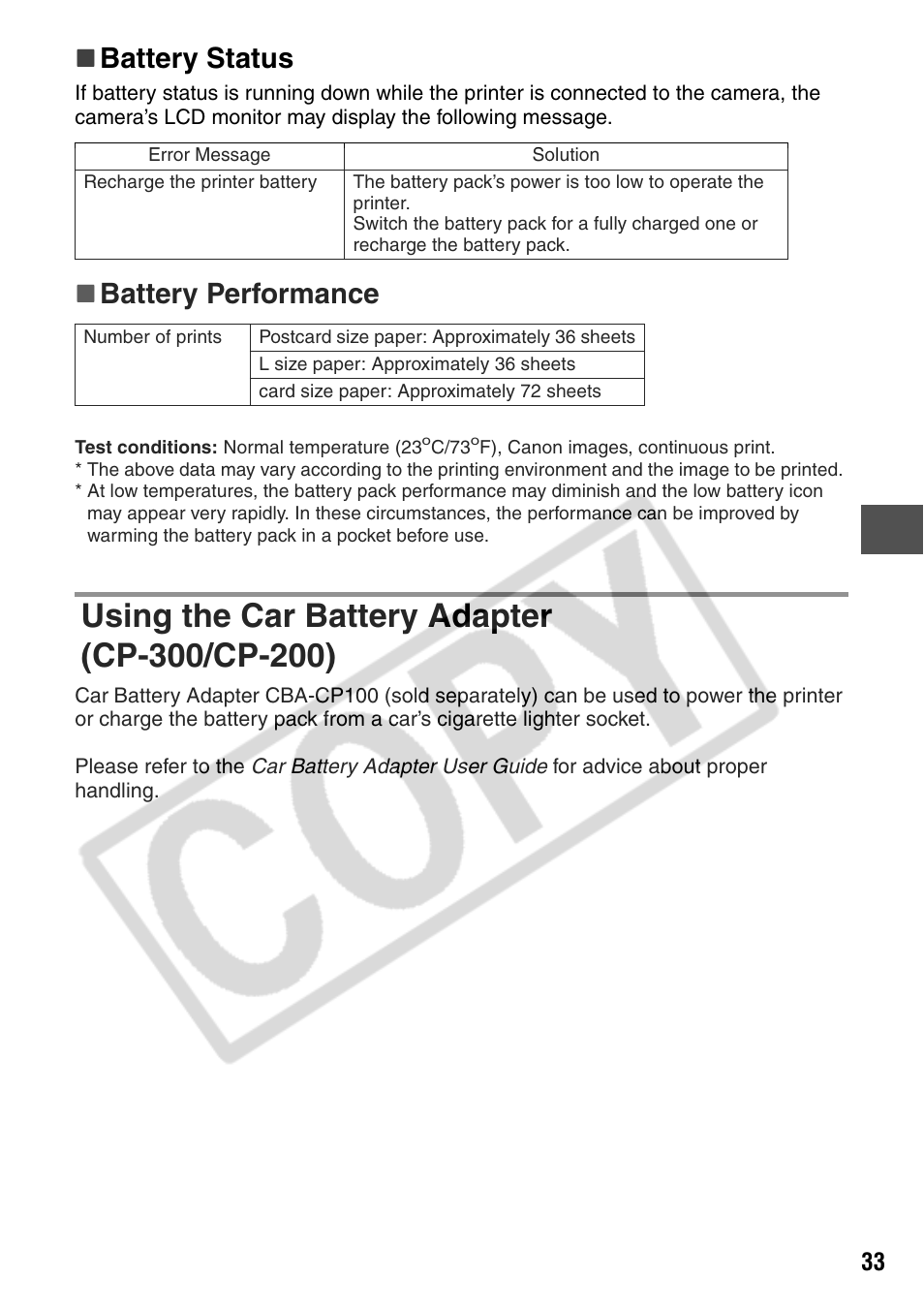 Battery status, Battery performance | Canon CP200 User Manual | Page 34 / 53