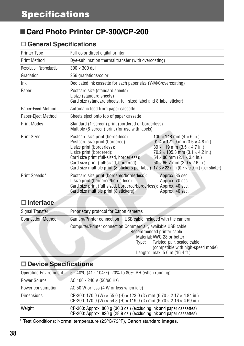 Specifications, General specifications, Interface | Device specifications | Canon CP200 User Manual | Page 39 / 53