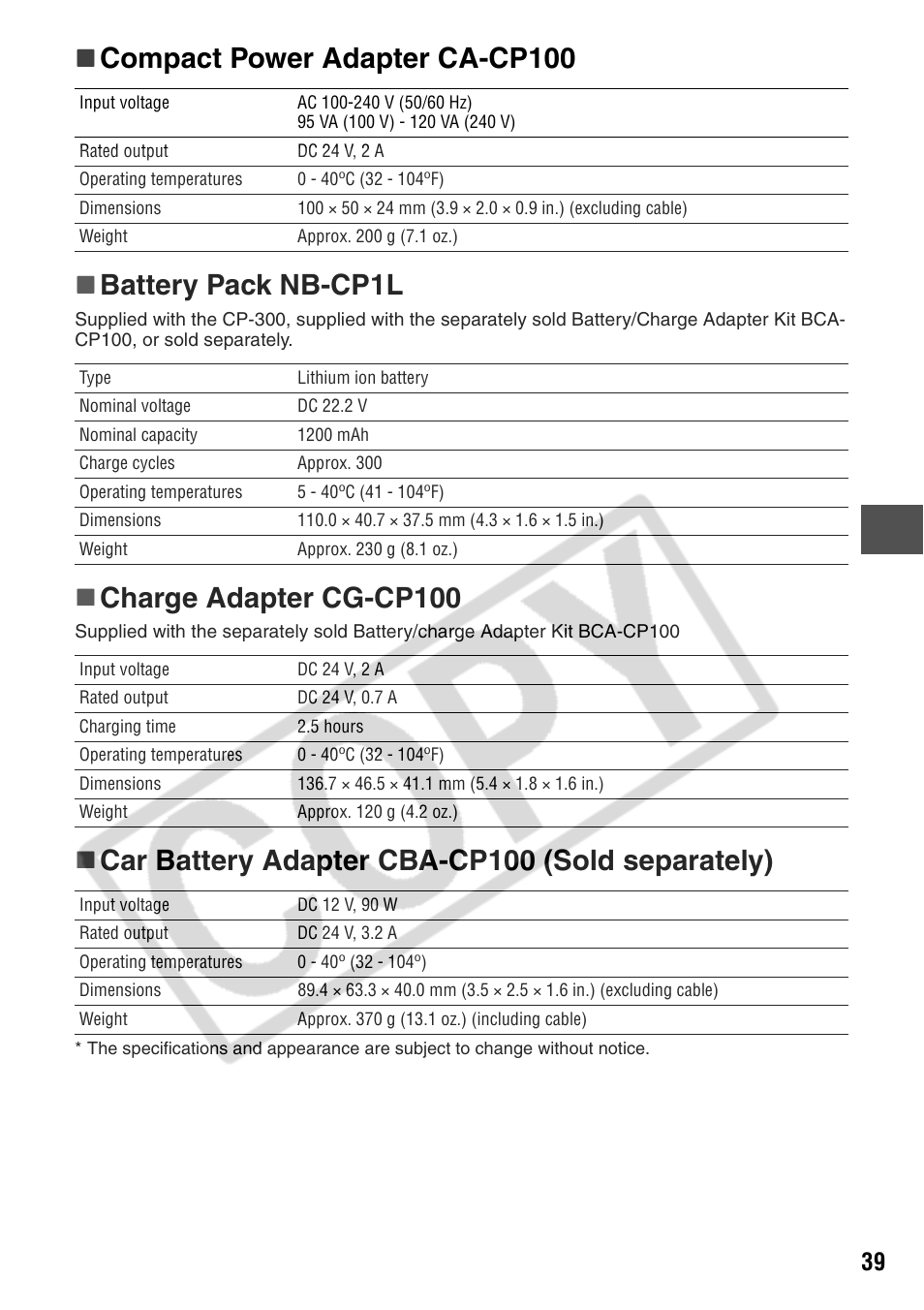 Charge adapter cg-cp100, Car battery adapter cba-cp100 (sold separately) | Canon CP200 User Manual | Page 40 / 53