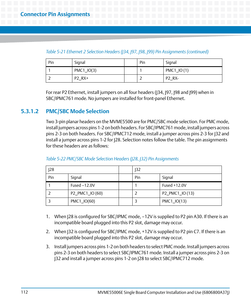 2 pmc/sbc mode selection, Table 5-22, Connector pin assignments | Artesyn MVME55006E Single Board Computer Installation and Use (July 2014) User Manual | Page 112 / 142