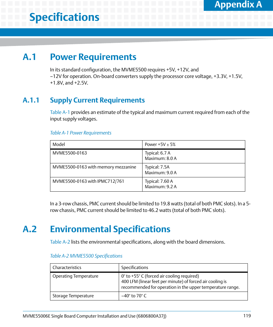 A specifications, A.1 power requirements, A.1.1 supply current requirements | A.2 environmental specifications, Table a-1, Power requirements, Table a-2, Mvme5500 specifications, Appendix a, specifications, Specifications | Artesyn MVME55006E Single Board Computer Installation and Use (July 2014) User Manual | Page 119 / 142
