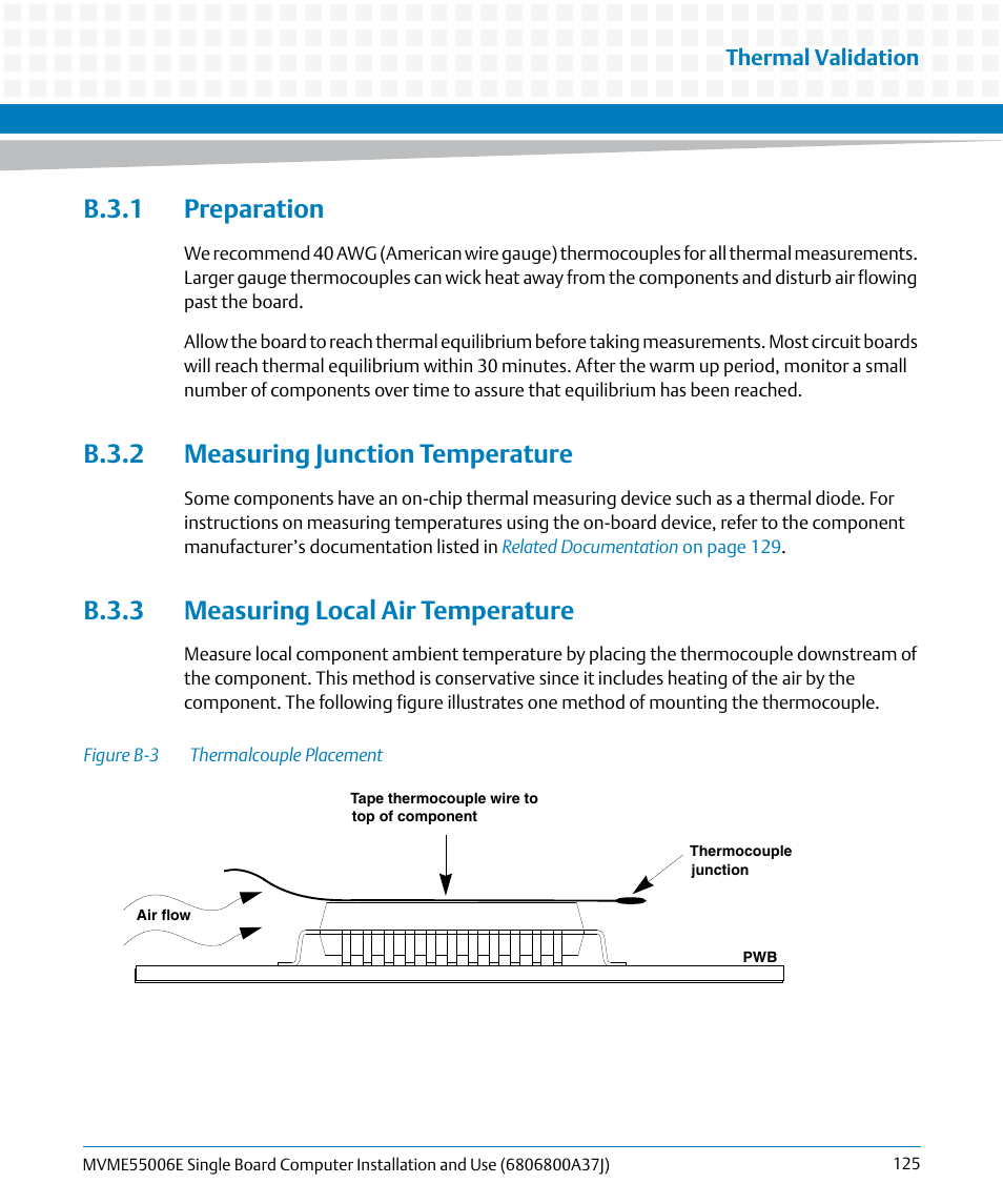 B.3.1 preparation, B.3.2 measuring junction temperature, B.3.3 measuring local air temperature | Figure b-3, Thermalcouple placement | Artesyn MVME55006E Single Board Computer Installation and Use (July 2014) User Manual | Page 125 / 142