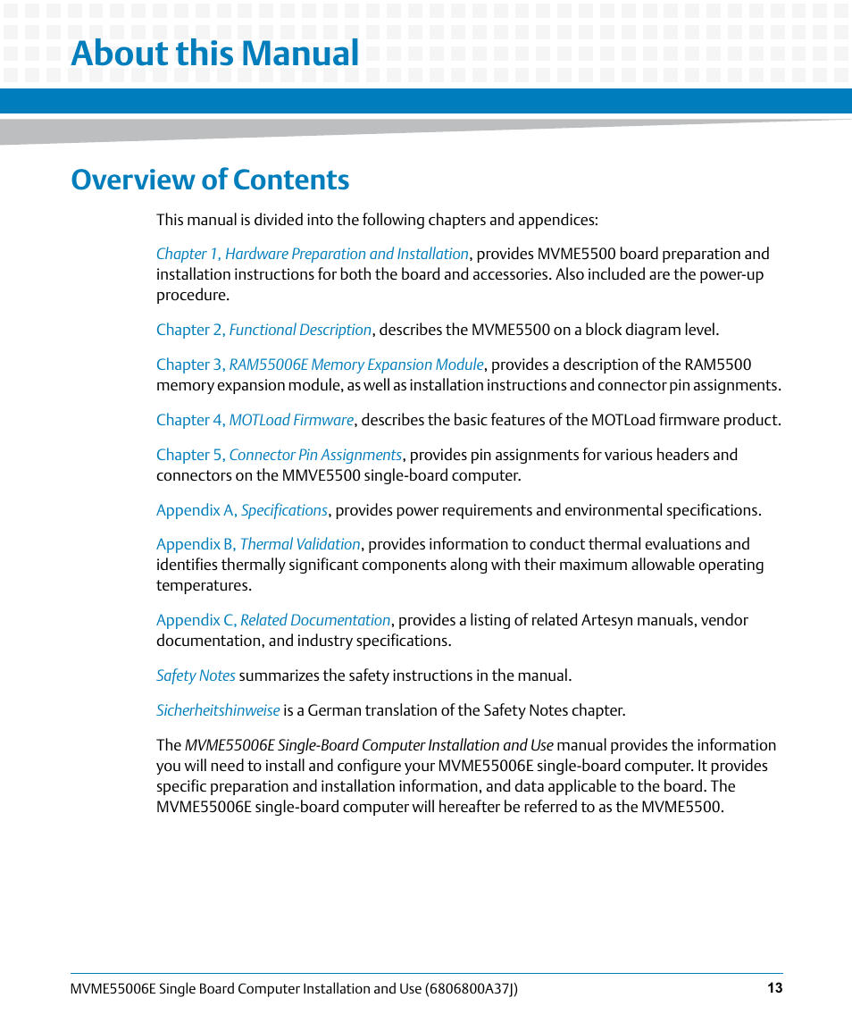 About this manual, Overview of contents | Artesyn MVME55006E Single Board Computer Installation and Use (July 2014) User Manual | Page 13 / 142