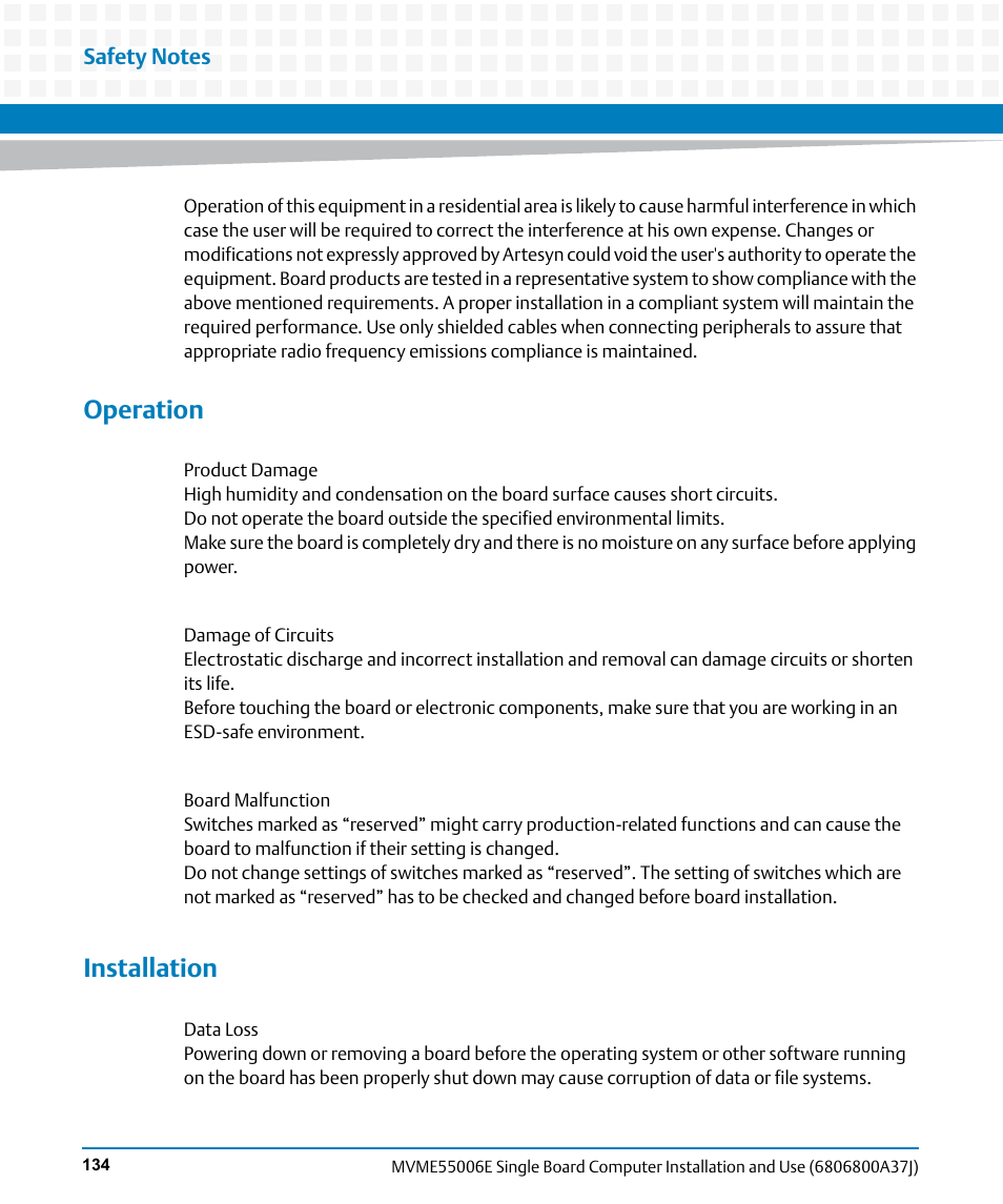 Operation, Installation | Artesyn MVME55006E Single Board Computer Installation and Use (July 2014) User Manual | Page 134 / 142