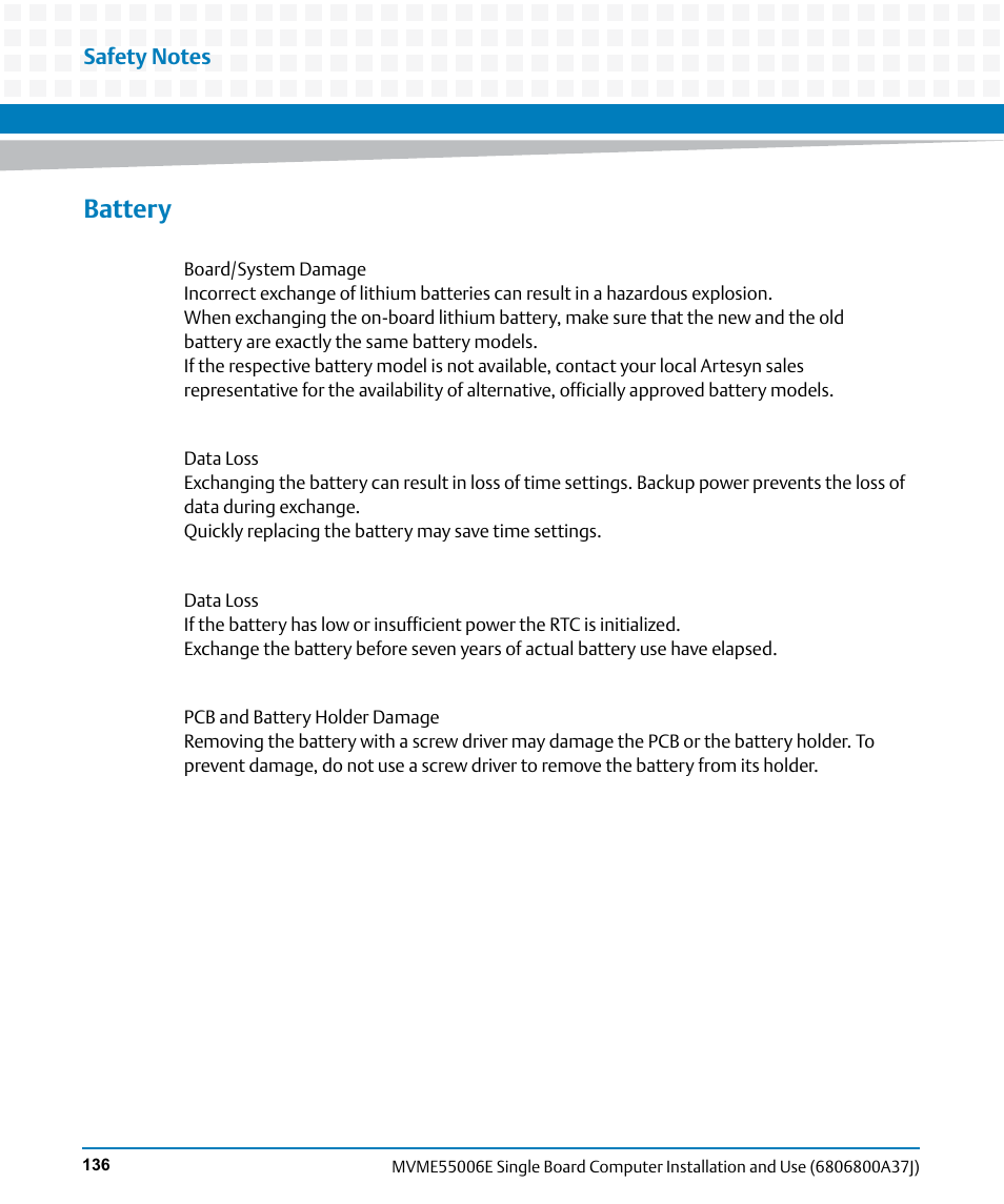 Battery | Artesyn MVME55006E Single Board Computer Installation and Use (July 2014) User Manual | Page 136 / 142