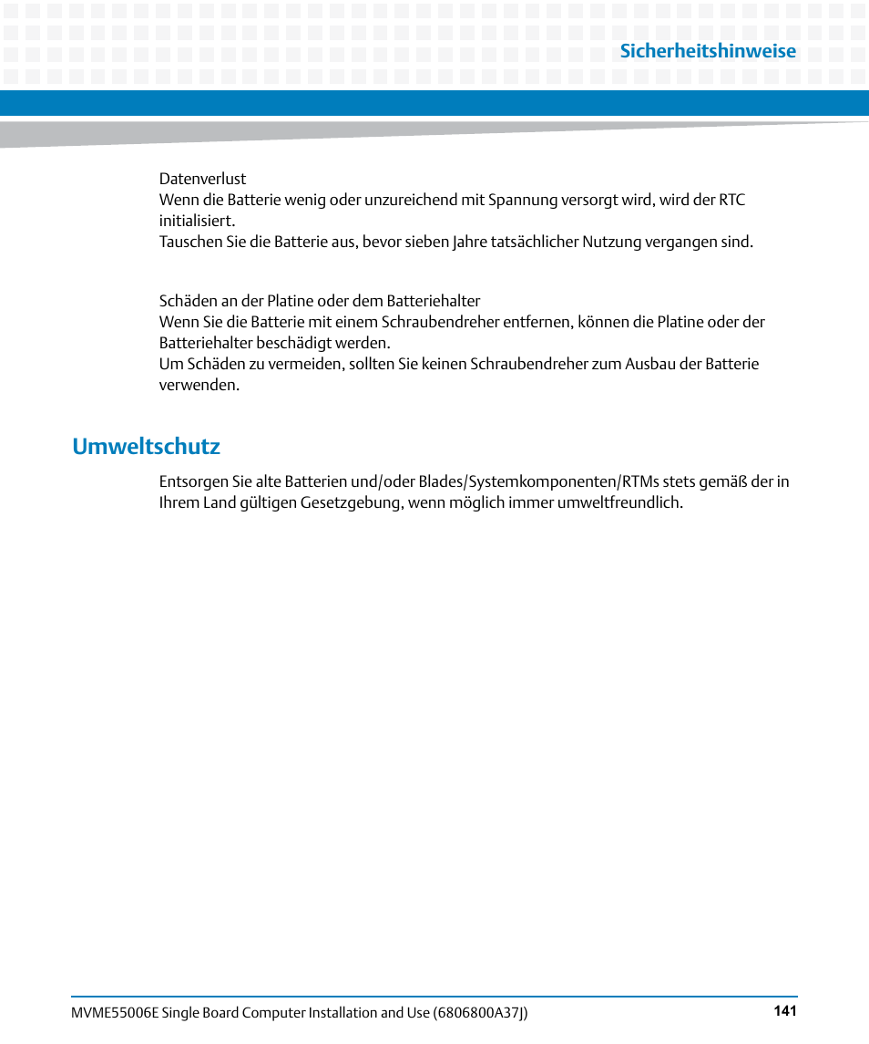 Umweltschutz | Artesyn MVME55006E Single Board Computer Installation and Use (July 2014) User Manual | Page 141 / 142