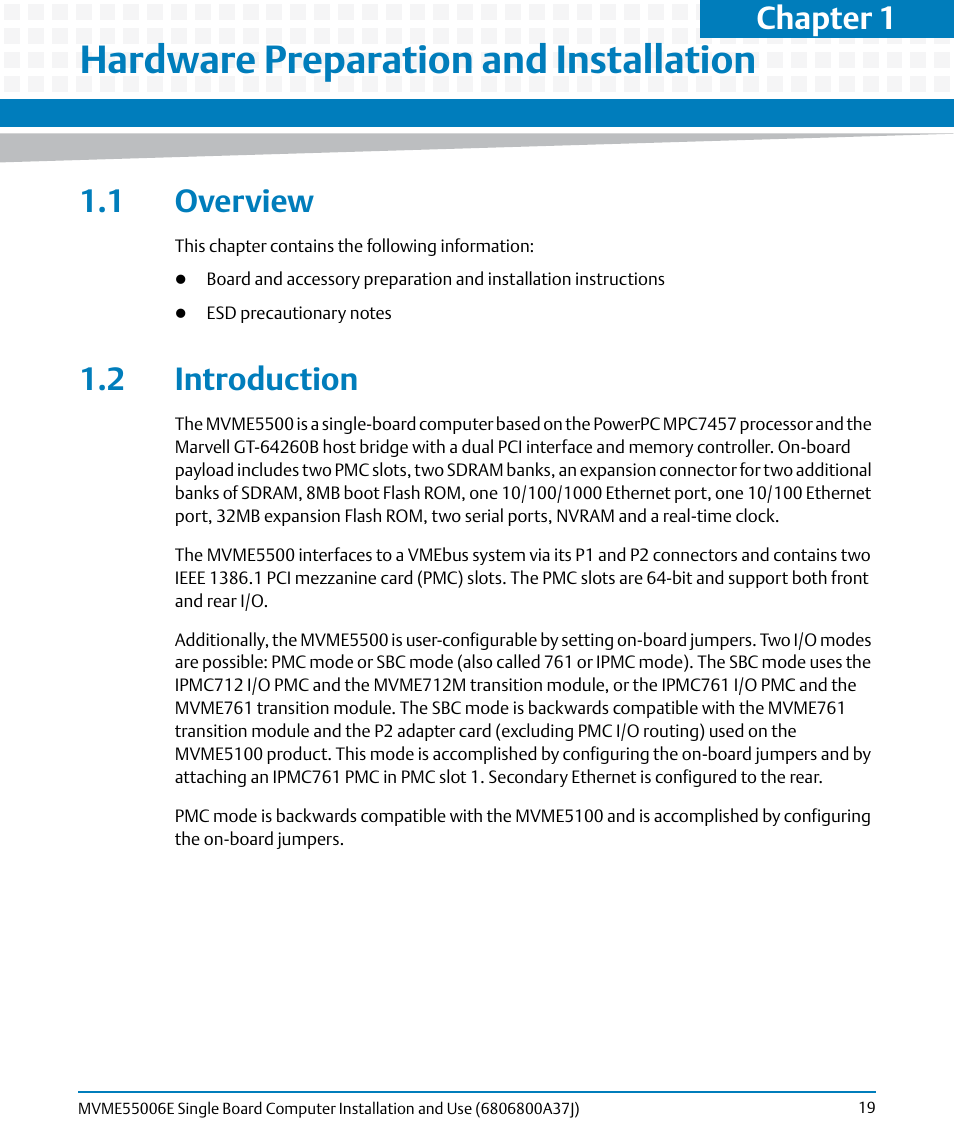 Hardware preparation and installation, 1 overview, 2 introduction | 1 overview 1.2 introduction, Chapter 1, hardware preparation and installation, Chapter 1 | Artesyn MVME55006E Single Board Computer Installation and Use (July 2014) User Manual | Page 19 / 142