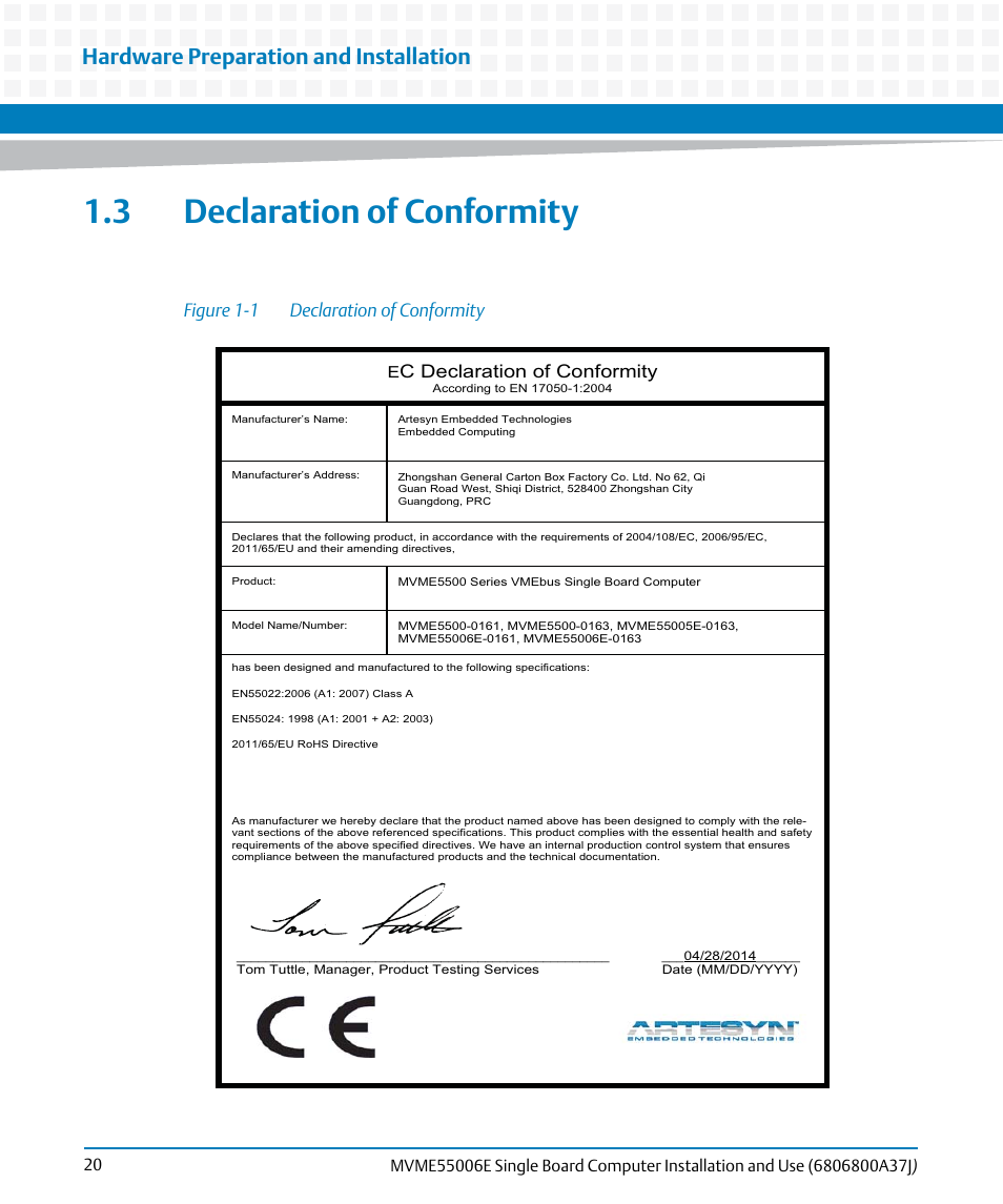 3 declaration of conformity, Figure 1-1, Declaration of conformity | Hardware preparation and installation, Figure 1-1 declaration of conformity, C declaration of conformity | Artesyn MVME55006E Single Board Computer Installation and Use (July 2014) User Manual | Page 20 / 142