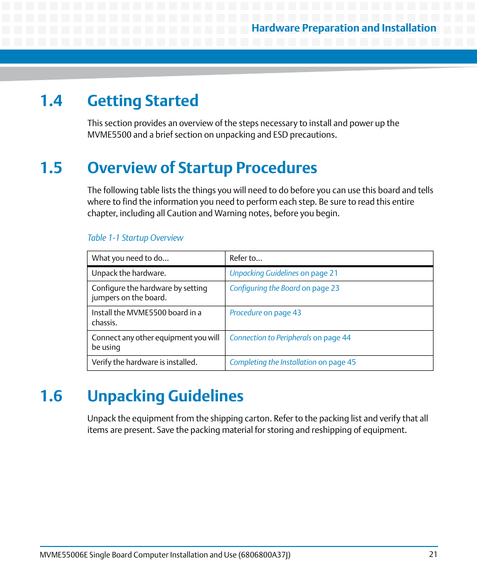 4 getting started, 5 overview of startup procedures, 6 unpacking guidelines | Table 1-1, Startup overview | Artesyn MVME55006E Single Board Computer Installation and Use (July 2014) User Manual | Page 21 / 142