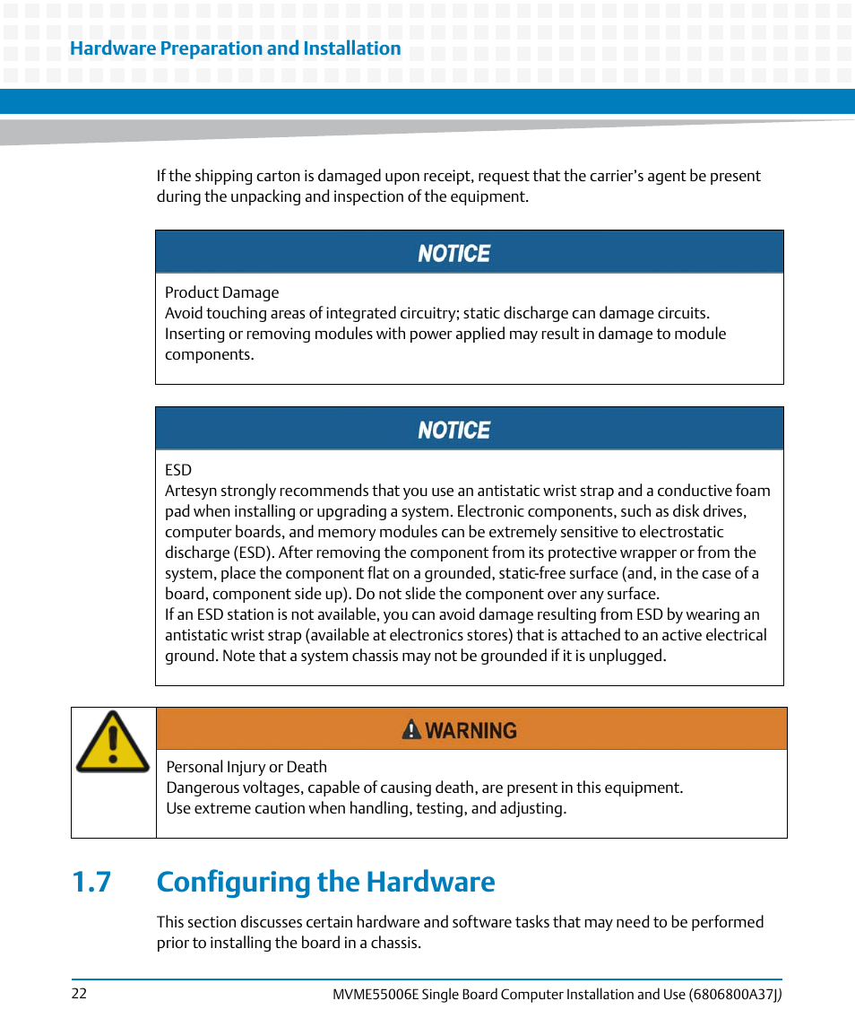 7 configuring the hardware | Artesyn MVME55006E Single Board Computer Installation and Use (July 2014) User Manual | Page 22 / 142