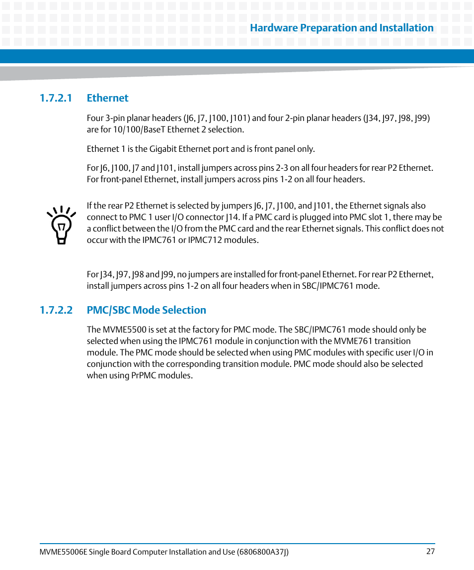 1 ethernet, 2 pmc/sbc mode selection, 1 ethernet 1.7.2.2 pmc/sbc mode selection | Pmc/sbc mode, Selection | Artesyn MVME55006E Single Board Computer Installation and Use (July 2014) User Manual | Page 27 / 142