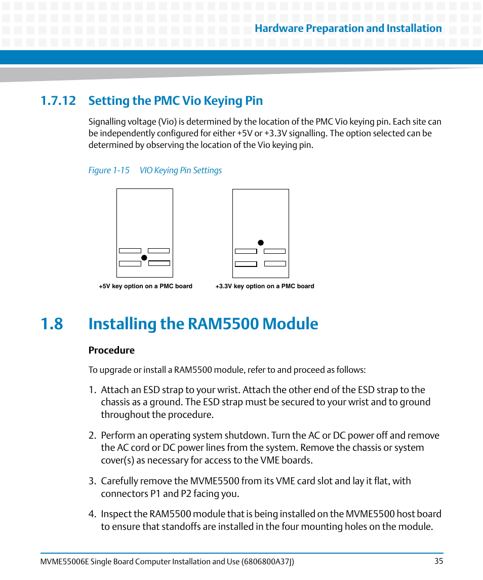 12 setting the pmc vio keying pin, 8 installing the ram5500 module, Figure 1-15 | Vio keying pin settings | Artesyn MVME55006E Single Board Computer Installation and Use (July 2014) User Manual | Page 35 / 142