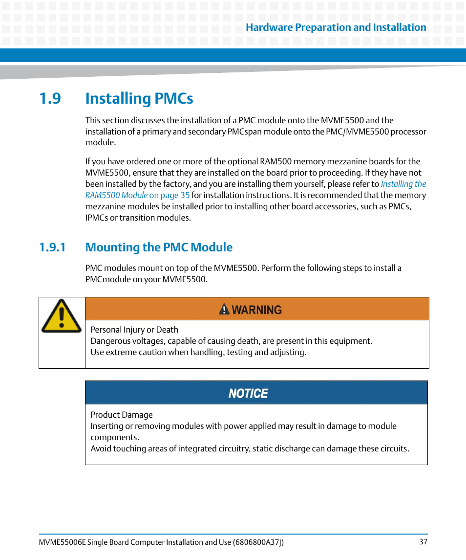 9 installing pmcs, 1 mounting the pmc module | Artesyn MVME55006E Single Board Computer Installation and Use (July 2014) User Manual | Page 37 / 142