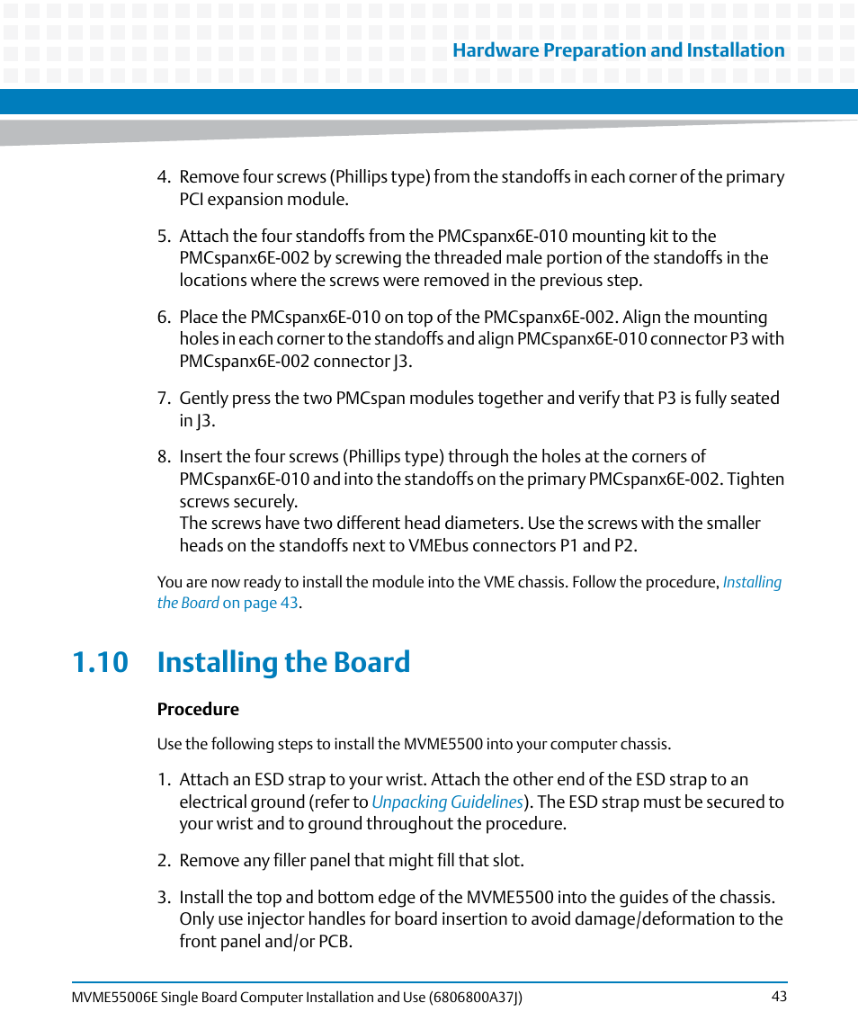 10 installing the board, Procedure | Artesyn MVME55006E Single Board Computer Installation and Use (July 2014) User Manual | Page 43 / 142