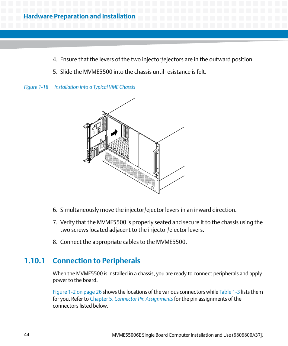 1 connection to peripherals, Figure 1-18, Installation into a typical vme chassis | Connection to peripherals, Wn in, And pl | Artesyn MVME55006E Single Board Computer Installation and Use (July 2014) User Manual | Page 44 / 142