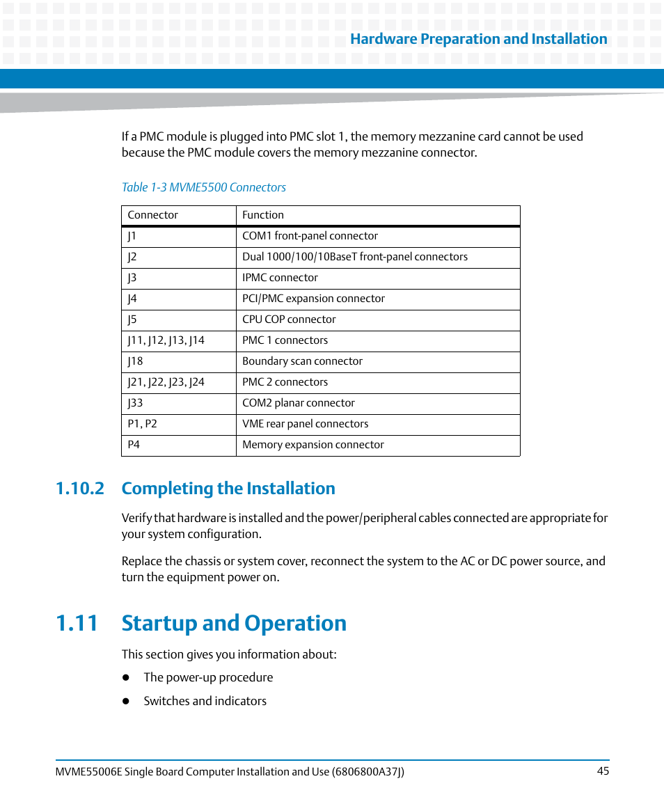 2 completing the installation, 11 startup and operation, Table 1-3 | Mvme5500 connectors, Completing the installation, While, Hardware preparation and installation | Artesyn MVME55006E Single Board Computer Installation and Use (July 2014) User Manual | Page 45 / 142