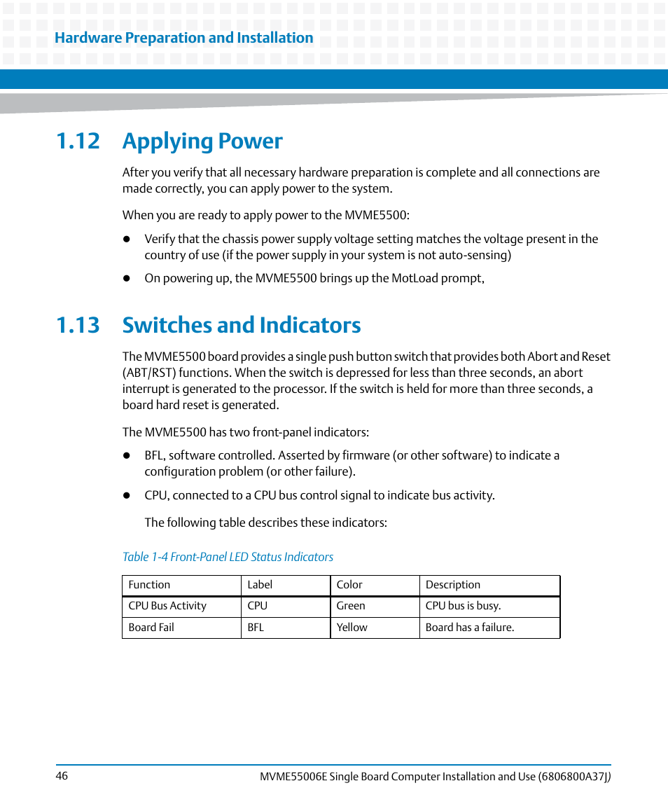 12 applying power, 13 switches and indicators, 12 applying power 1.13 switches and indicators | Table 1-4, Front-panel led status indicators, Hardware preparation and installation | Artesyn MVME55006E Single Board Computer Installation and Use (July 2014) User Manual | Page 46 / 142
