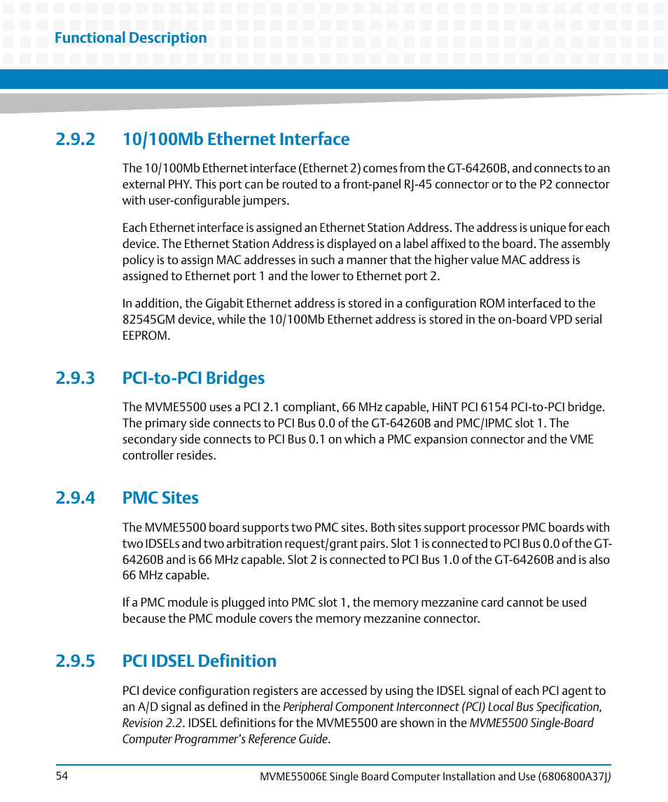 2 10/100mb ethernet interface, 3 pci-to-pci bridges, 4 pmc sites | 5 pci idsel definition | Artesyn MVME55006E Single Board Computer Installation and Use (July 2014) User Manual | Page 54 / 142