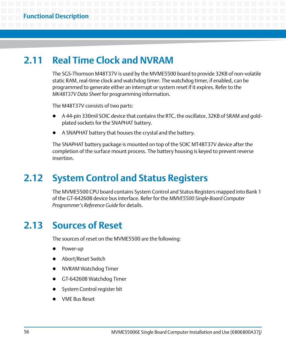 11 real time clock and nvram, 12 system control and status registers, 13 sources of reset | Artesyn MVME55006E Single Board Computer Installation and Use (July 2014) User Manual | Page 56 / 142