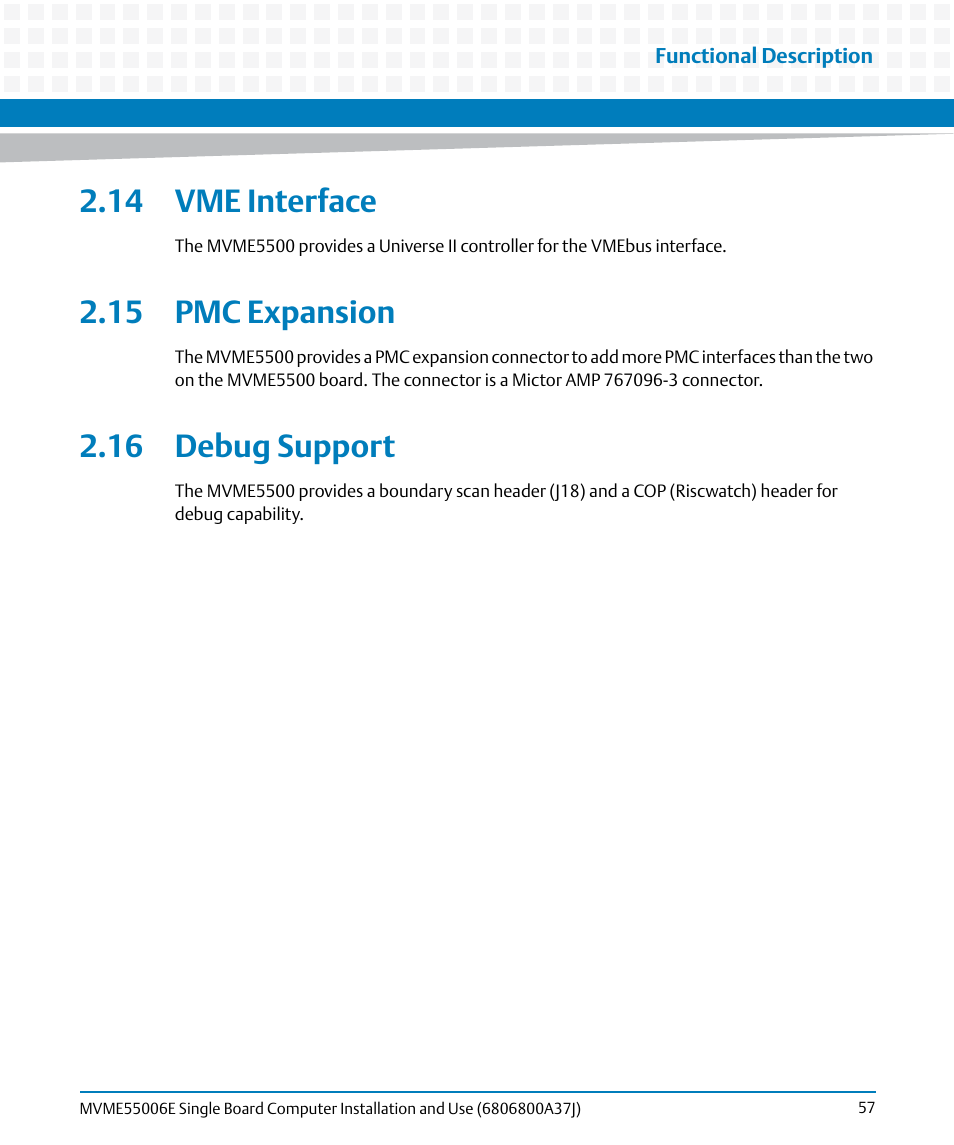 14 vme interface, 15 pmc expansion, 16 debug support | Artesyn MVME55006E Single Board Computer Installation and Use (July 2014) User Manual | Page 57 / 142