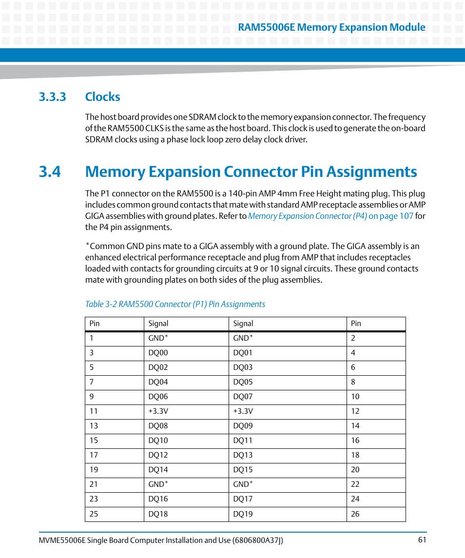 3 clocks, 4 memory expansion connector pin assignments, Table 3-2 | Ram5500 connector (p1) pin assignments | Artesyn MVME55006E Single Board Computer Installation and Use (July 2014) User Manual | Page 61 / 142