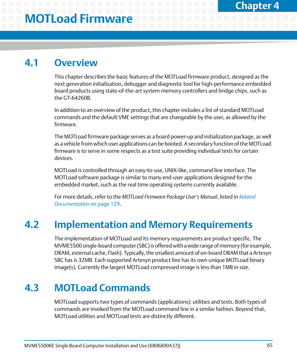 Motload firmware, 1 overview, 2 implementation and memory requirements | 3 motload commands, Chapter 4, motload firmware, Chapter 4 | Artesyn MVME55006E Single Board Computer Installation and Use (July 2014) User Manual | Page 65 / 142