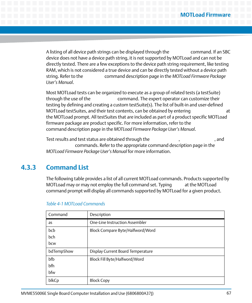 3 command list, Table 4-1, Motload commands | Motload firmware | Artesyn MVME55006E Single Board Computer Installation and Use (July 2014) User Manual | Page 67 / 142