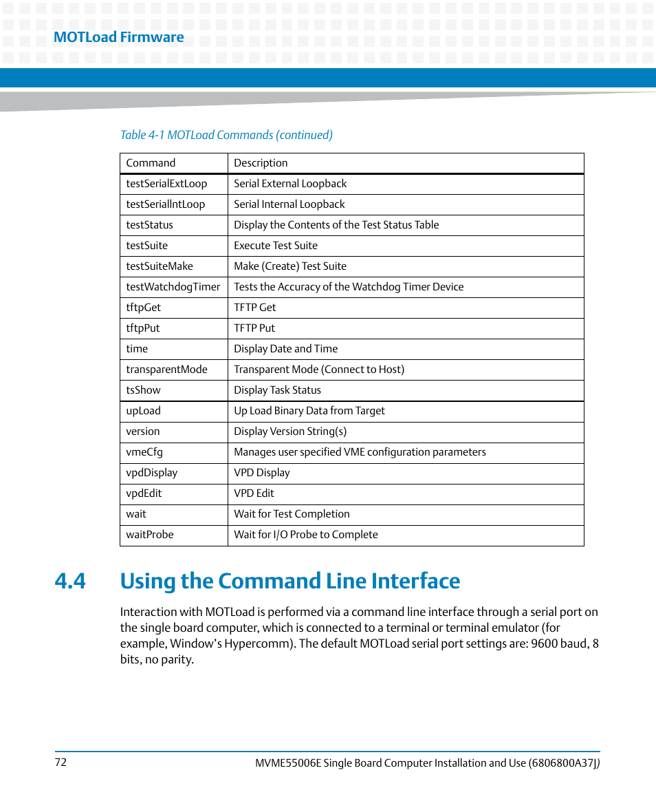 4 using the command line interface, Motload firmware | Artesyn MVME55006E Single Board Computer Installation and Use (July 2014) User Manual | Page 72 / 142