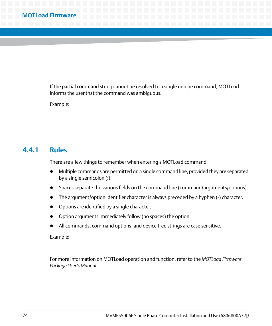 1 rules, Motload firmware | Artesyn MVME55006E Single Board Computer Installation and Use (July 2014) User Manual | Page 74 / 142
