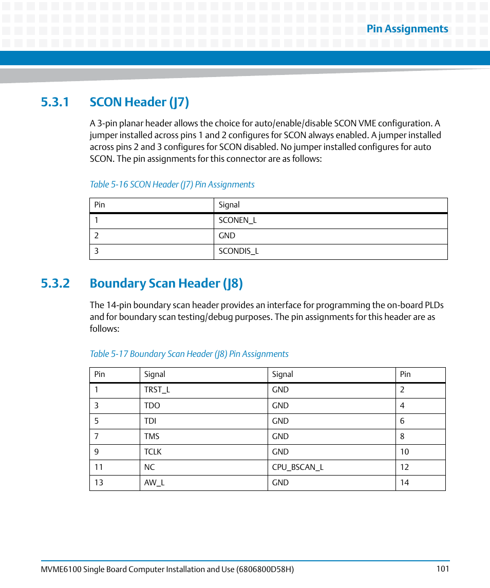 1 scon header (j7), 2 boundary scan header (j8), 1 scon header (j7) 5.3.2 boundary scan header (j8) | Table 5-16, Scon header (j7) pin assignments, Table 5-17, Boundary scan header (j8) pin assignments, Scon header (j7), Boundary scan header (j8), Pin assignments | Artesyn MVME6100 Single Board Computer Installation and Use (June 2014) User Manual | Page 101 / 120