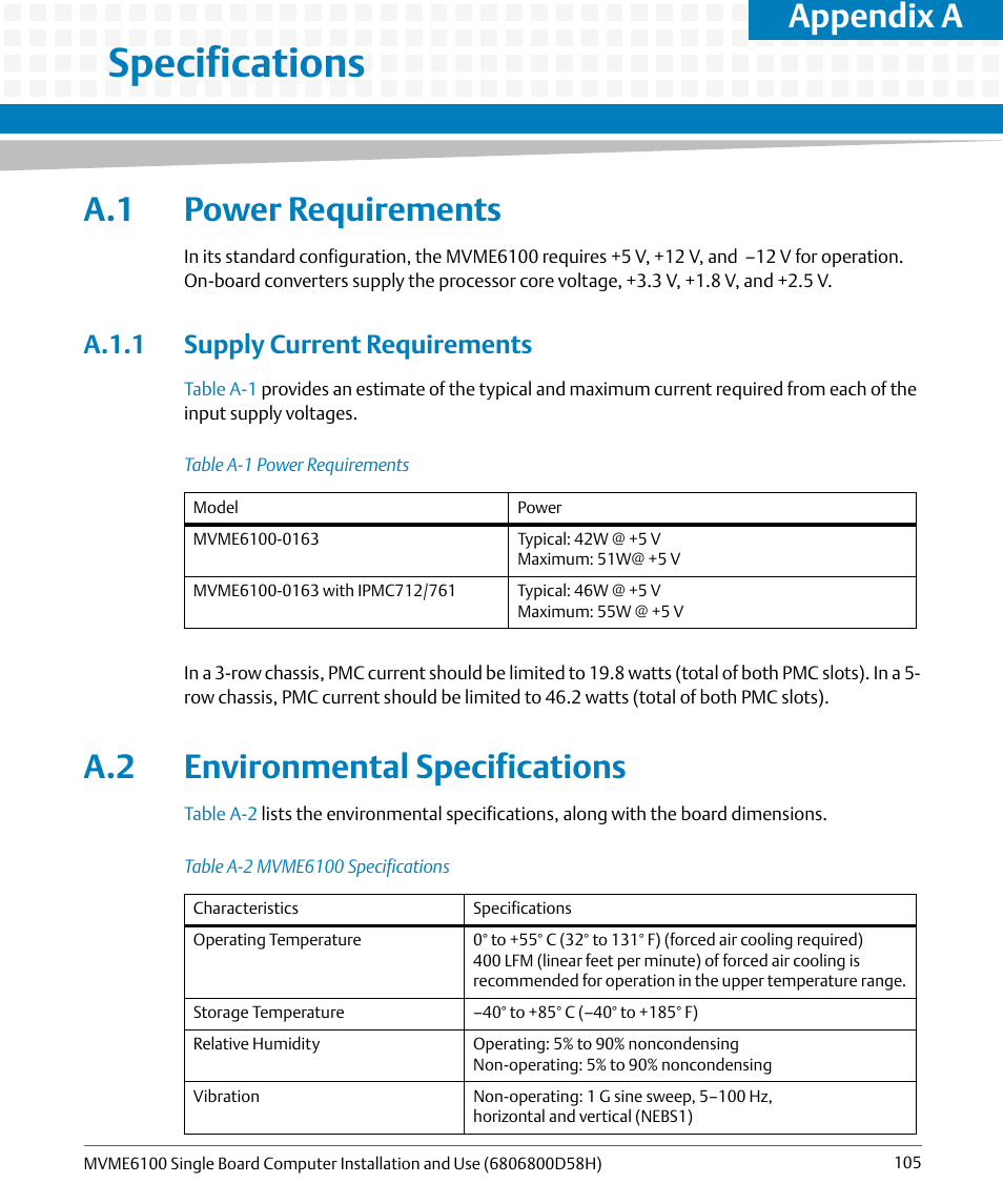 A specifications, A.1 power requirements, A.1.1 supply current requirements | A.2 environmental specifications, Table a-1, Power requirements, Table a-2, Mvme6100 specifications, Specifications, Appendix a | Artesyn MVME6100 Single Board Computer Installation and Use (June 2014) User Manual | Page 105 / 120