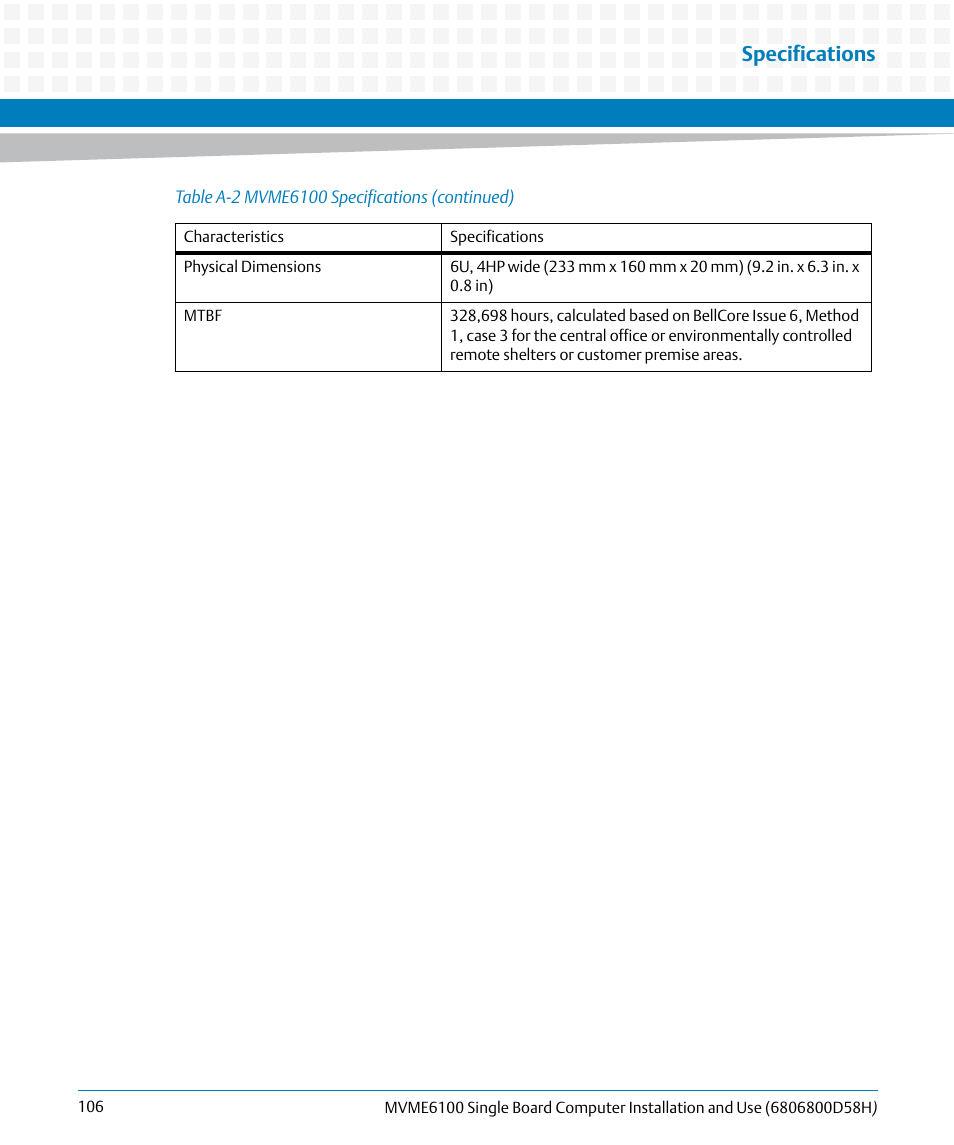 Specifications | Artesyn MVME6100 Single Board Computer Installation and Use (June 2014) User Manual | Page 106 / 120