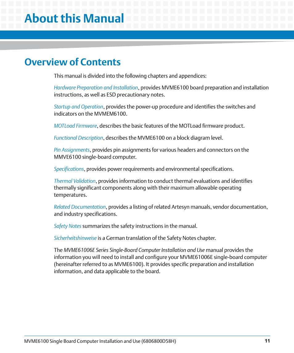 About this manual, Overview of contents | Artesyn MVME6100 Single Board Computer Installation and Use (June 2014) User Manual | Page 11 / 120