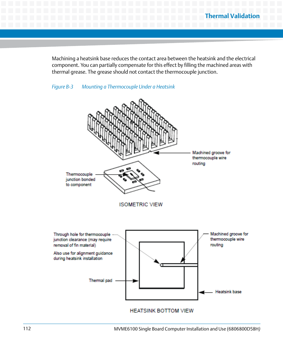 Figure b-3, Mounting a thermocouple under a heatsink, Thermal validation | Artesyn MVME6100 Single Board Computer Installation and Use (June 2014) User Manual | Page 112 / 120