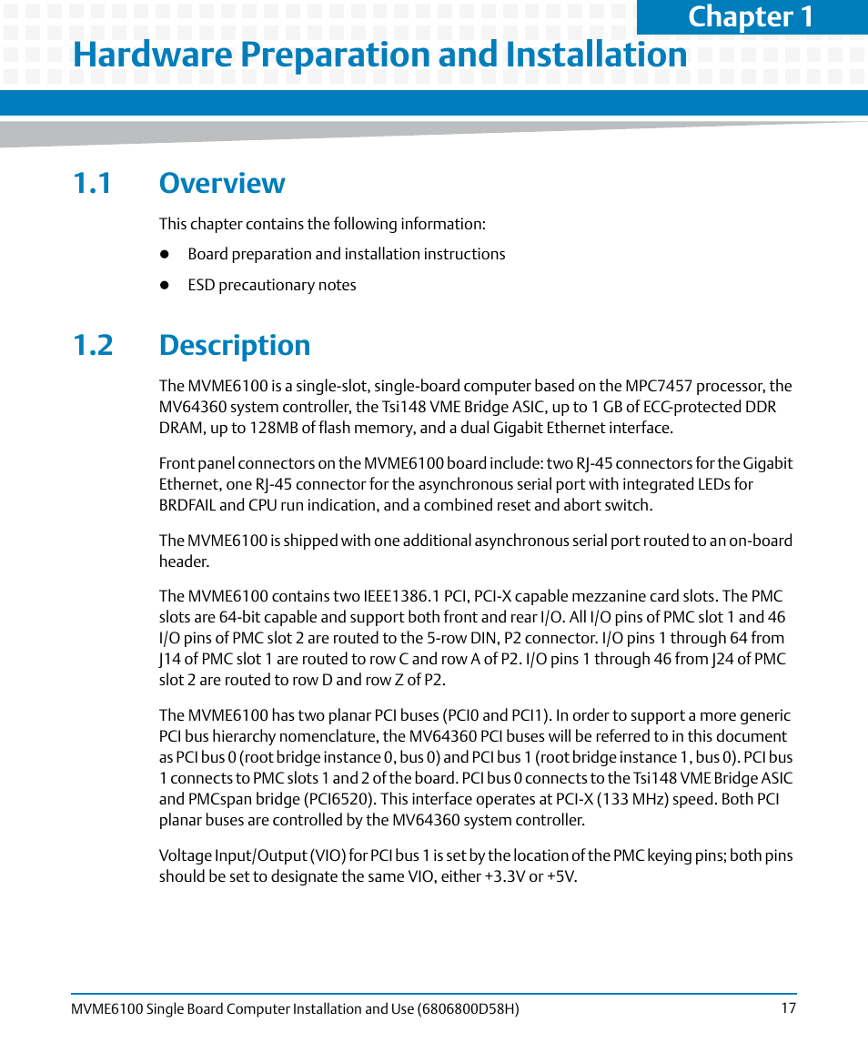 Hardware preparation and installation, 1 overview, 2 description | 1 overview 1.2 description, Chapter 1 | Artesyn MVME6100 Single Board Computer Installation and Use (June 2014) User Manual | Page 17 / 120