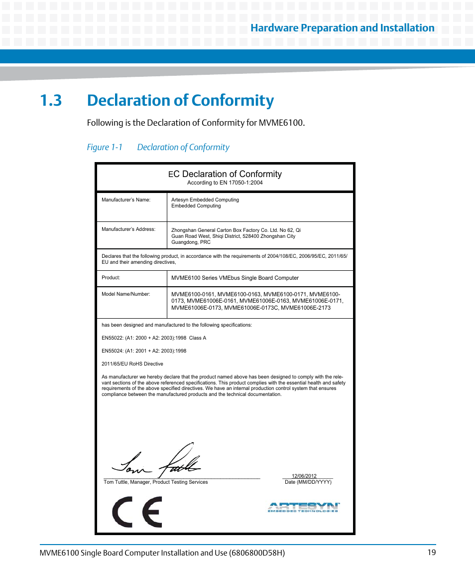 3 declaration of conformity, Figure 1-1, Declaration of conformity | Hardware preparation and installation, C declaration of conformity | Artesyn MVME6100 Single Board Computer Installation and Use (June 2014) User Manual | Page 19 / 120