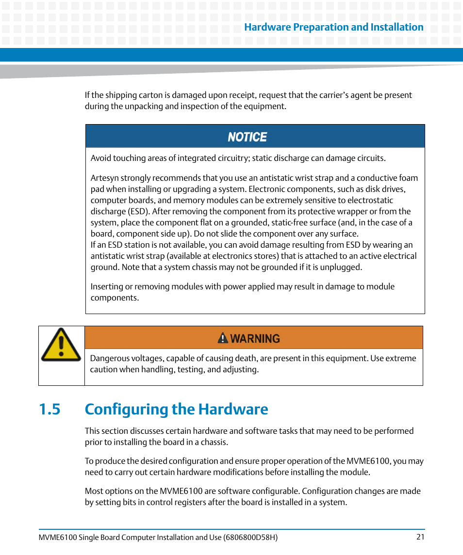 5 configuring the hardware, Configuring the hardware | Artesyn MVME6100 Single Board Computer Installation and Use (June 2014) User Manual | Page 21 / 120