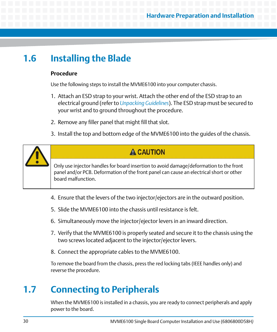 6 installing the blade, 7 connecting to peripherals, Installing the blade | Connecting to peripherals | Artesyn MVME6100 Single Board Computer Installation and Use (June 2014) User Manual | Page 30 / 120