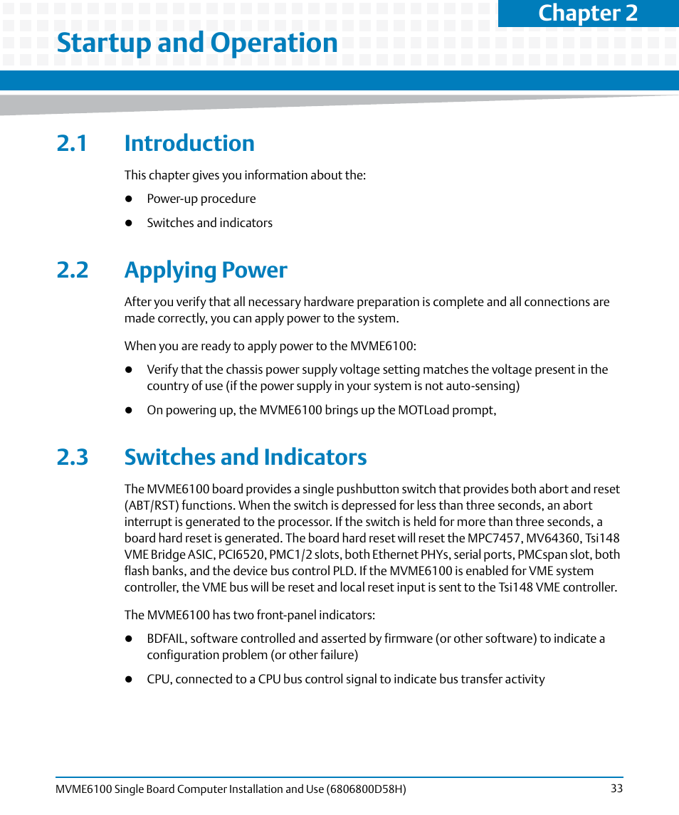 Startup and operation, 1 introduction, 2 applying power | 3 switches and indicators, Chapter 2 | Artesyn MVME6100 Single Board Computer Installation and Use (June 2014) User Manual | Page 33 / 120