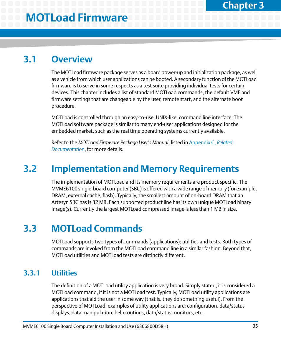 Motload firmware, 1 overview, 2 implementation and memory requirements | 3 motload commands, 1 utilities, Chapter 3 | Artesyn MVME6100 Single Board Computer Installation and Use (June 2014) User Manual | Page 35 / 120