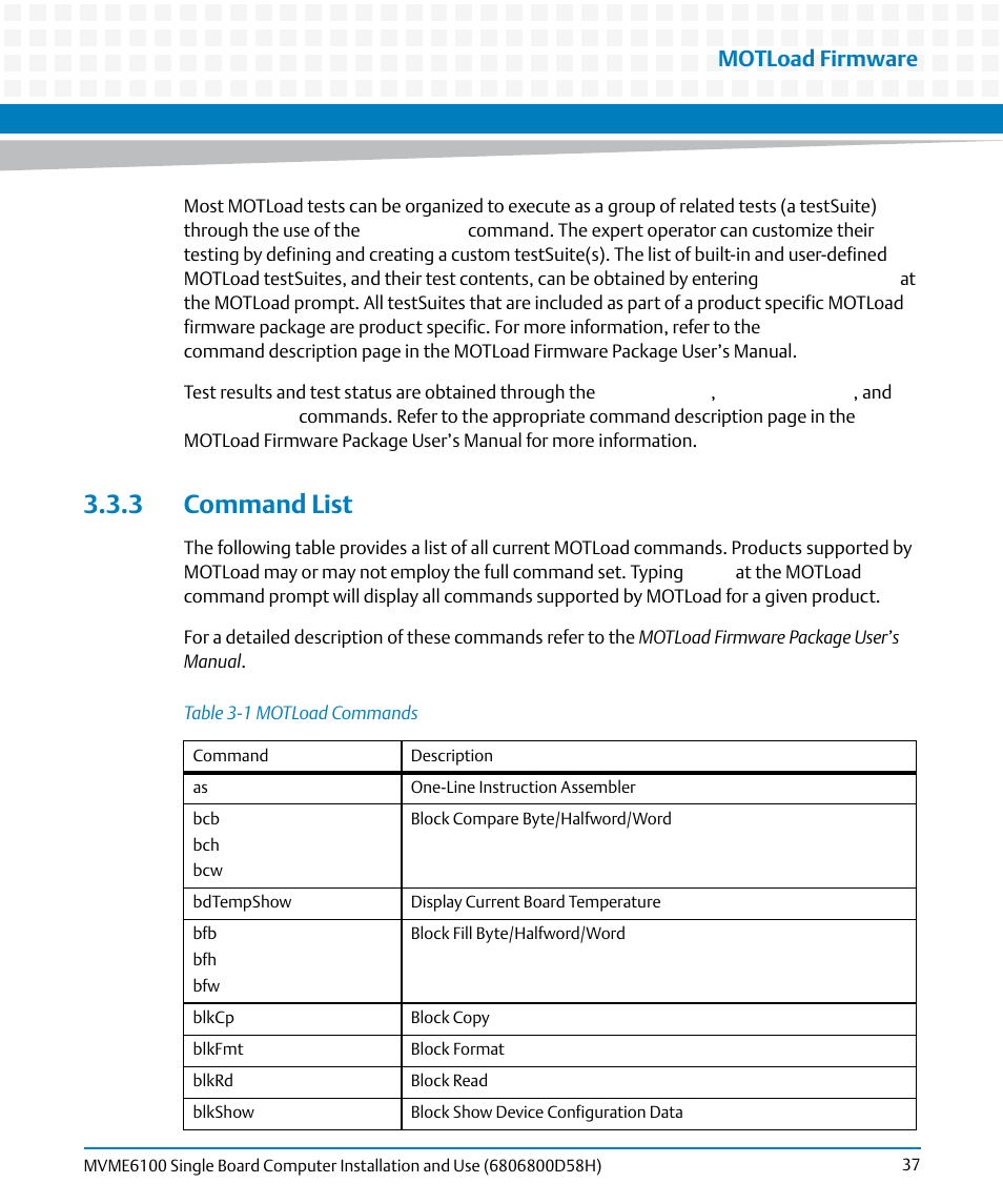 3 command list, Table 3-1, Motload commands | Table "motload, Motload firmware | Artesyn MVME6100 Single Board Computer Installation and Use (June 2014) User Manual | Page 37 / 120